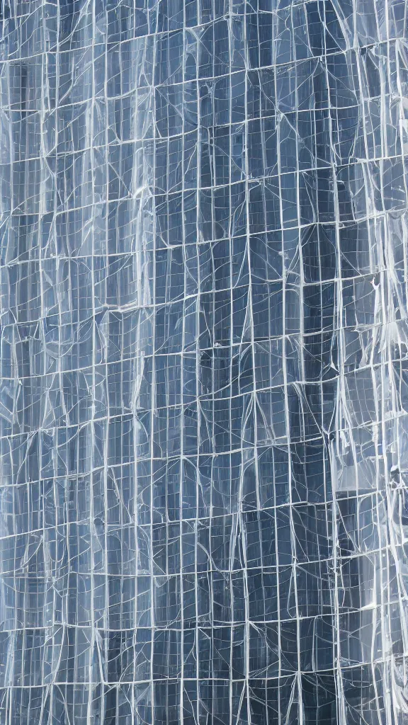 Prompt: hyperrealistic photo of a futuristic glass building in a urban setting. the building is wrapped in billowing fabric tarps. the fabric tarps are translucent mesh with large holes for balconies and windows. the fabric hangs from metal scaffolding. 8 k