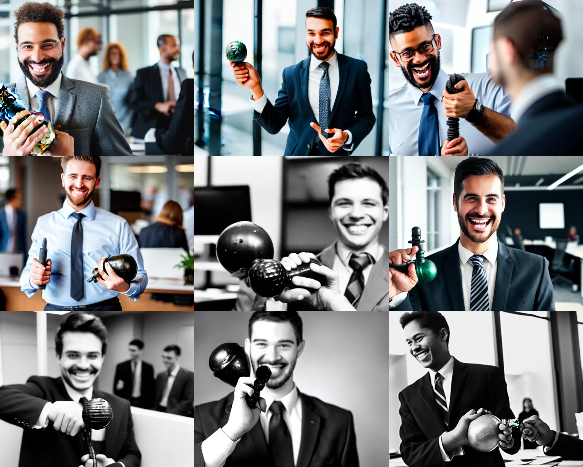 Prompt: photograph of an office worker smiling and holding a hand grenade! at work, his coworkers are staring at him in fear