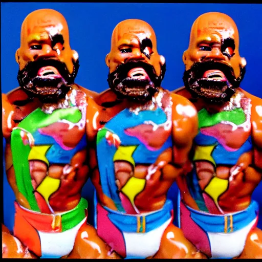 Image similar to mr. t action figure melting on acid, detailed facial expressions, 1 9 8 0 s aesthetic