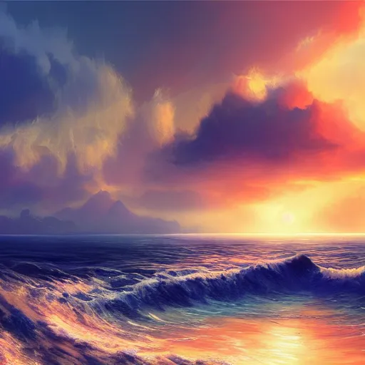 Prompt: digital matte fantasy dreamy seascape, artstation, behance, 8 k by bob ross