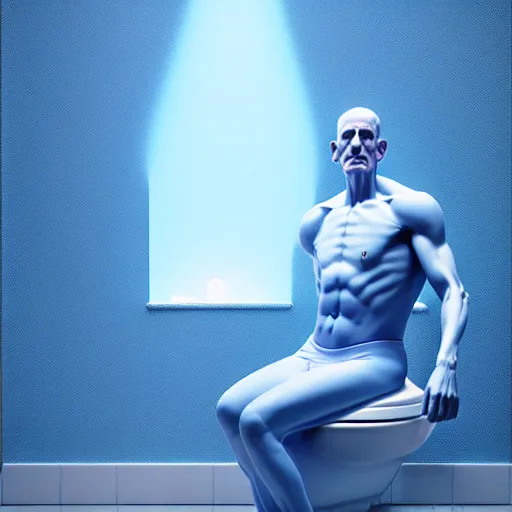 Image similar to Digital art Very High detailed Dr.Manhattan in Ukrainian village house by Taras Shevchenko, siting on a toilet, photorealism, by Beeple, rendered in Octane render