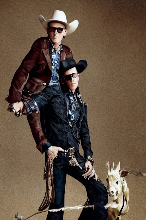 Image similar to dolce & gabbana campaign featuring maynard james keenan as a cowboy, unprocessed colors, # nofilter, shot by annie leibovitz, realistic vfx simulation