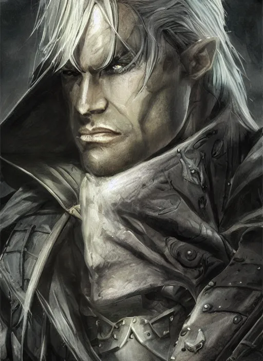 Image similar to dramatic portrait of drizzt do'urden, character art, high quality, very detailed