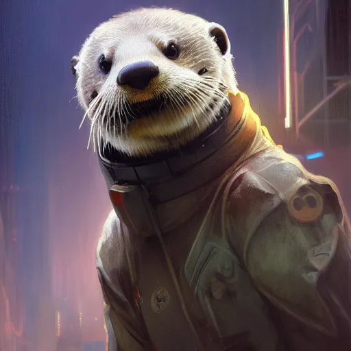 Image similar to hyperrealistic portrait of an athropomorphic otter wearing an astronaut outfit, bladerunner street, art of elysium by jeremy mann and alphonse mucha, fantasy art, photo realistic, dynamic lighting, artstation, poster, volumetric lighting, very detailed face, 4 k, award winning, cinematic lighting, deviantart, artstation, cg society