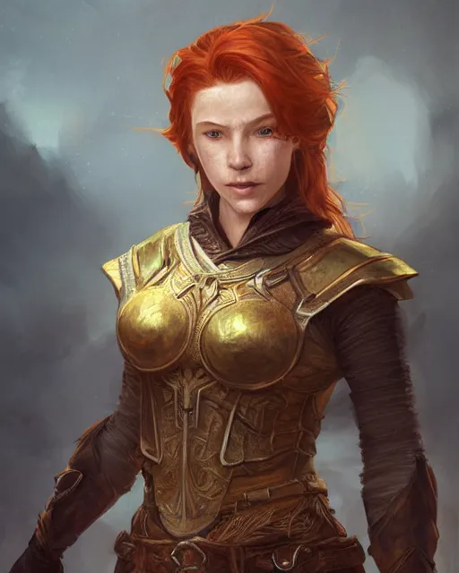 Image similar to the elder scrolls vi, charismatic rugged female redhead breton mage portrait, illustration, rim light, top light, perfectly shaded, golden hour, epic, intricate, soft painting, art by ross tran, krenz cushart and wenjun lin