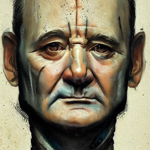 Image similar to close-up, symmetrical!, portrait of a young Bill Murray, bruised and scarred! cyberpunk, techwear! by Greg Rutkowski, matte painting, trending on artstation