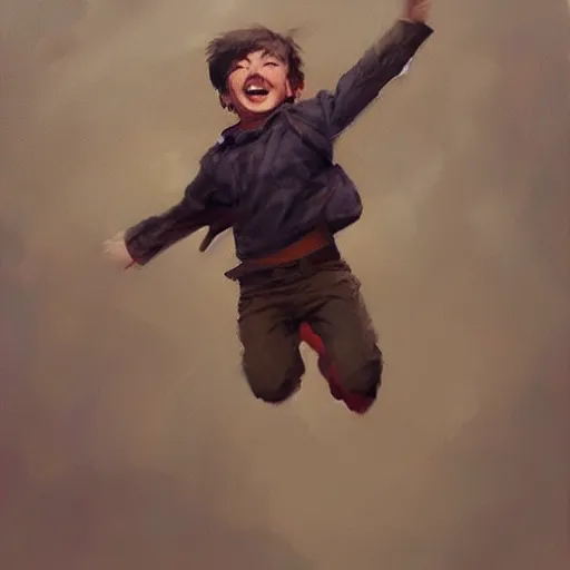 Image similar to Expressive painting of a happy boy flying through the air, digital art by Krenz Cushart, trending on artstation