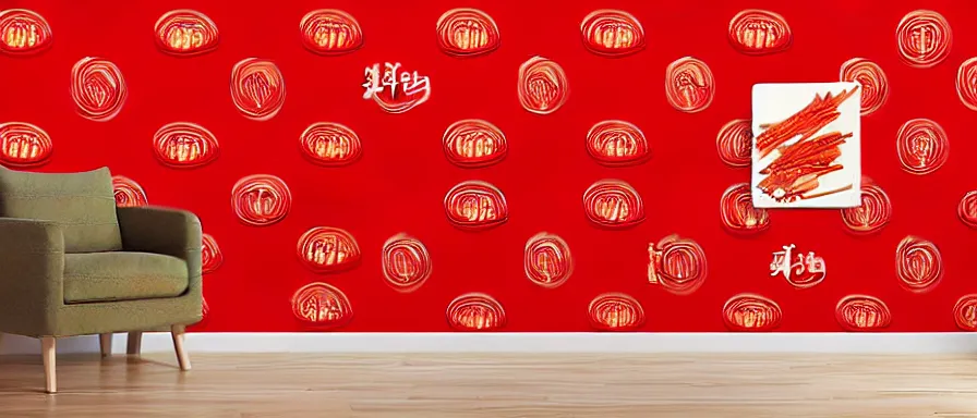 Image similar to a beautiful 4 k hd red wall paper illustration of roasted string hotpot, red wallpaper design, simple style, kebab hotpot style, commercial kebab hotpot wallpaper display, wall painting, from china, simple structure, surrealistic, chinese style, victo ngai, james jean, denoise, deblurring