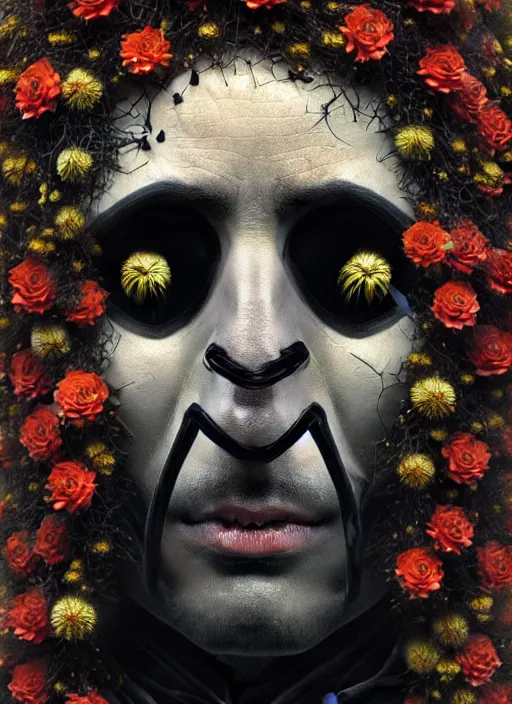 Image similar to an man in a black suit with a head made of flowers and roots, no face, intricate, highly detailed, concept art, hyperrealistic, oil painting by greg staples, 8 k