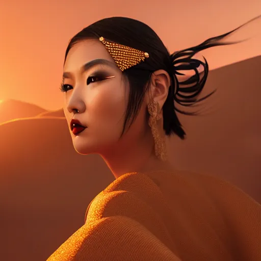 Image similar to innovative avant-garde art, deco fashion, asian women, highly detailed, photorealistic portrait, serene desert setting, golden hour, crisp quality and light reflections, unreal engine 5 quality render