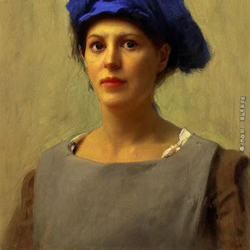 Prompt: Portrait of a stern looking affluent woman, photorealistic, general facial details, wearing a blue bonnet, by Ilya Repin