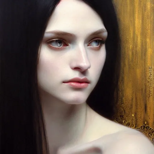 Image similar to Portrait of a beautiful, pale skin, female with long black hair, dark, piercing eyes, gentle expression, elegant clothing, photorealistic, highly detailed, artstation, smooth, sharp focus, art by Klimt, artgerm, Greg Rutkowski and Alphonse Mucha