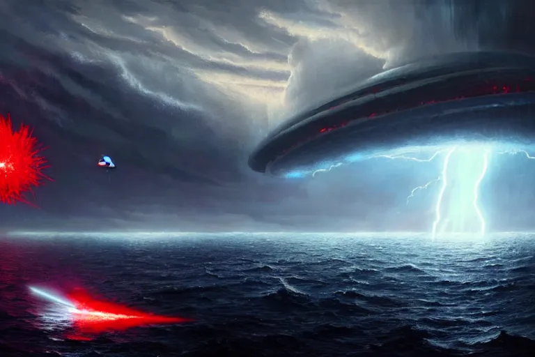 Image similar to A beautiful matte painting of huge spherical alien spaceship attacking with powerful red lasers a Sailship in ocean in thunderstorm, by greg rutkowski, trending on artstation, concept art