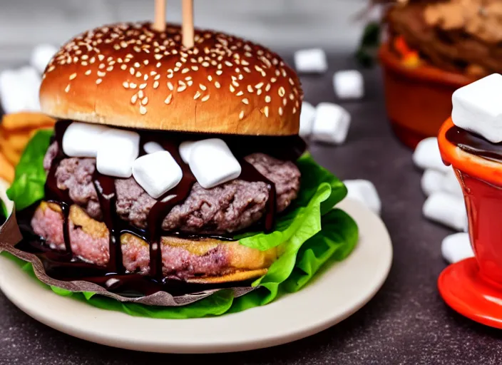 Prompt: dslr food photograph of burger with a layer of marshmallows in it, chocolate sauce, 8 5 mm f 1. 8