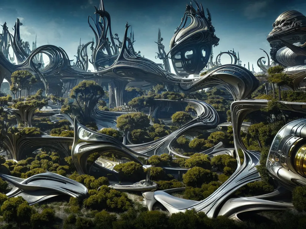 Image similar to a busy elaborate ornate outdoor sci - fi park, cinematic, shadows, partly cloudy day, 4 k, detailed, by zaha hadid and peter jackson and ridley scott and beeple and greg rutowski