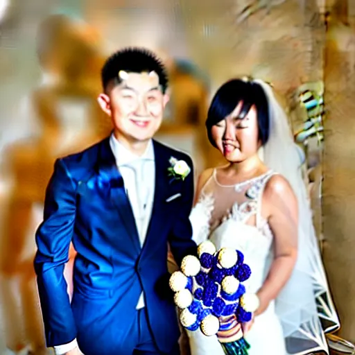 Image similar to cookie monster marrying justin sun, professional wedding photography