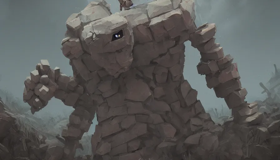 Prompt: stone golem, true evil, dormant, broken, calling a traveller nearby, sharp focus, james gilleard, cinematic, game art, extremely detailed digital painting, print