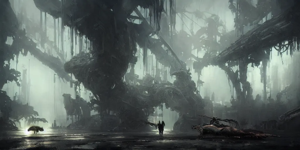 Image similar to beautiful painting by jeremy mann, a mechanical jaguar creature of horizon forbidden west horizon zero dawn, depressing concept art, fantasy, desaturated, ominous, unsettling, sharp focus, octopath traveler, unreal engine highly rendered, global illumination, dramatic lighting, misty, volumetric fog