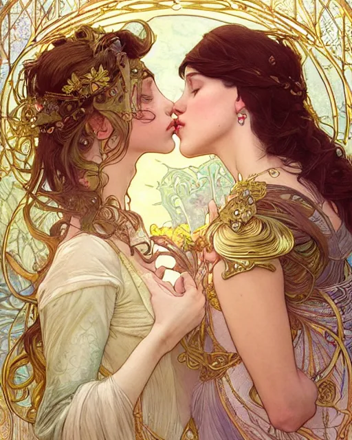 Image similar to the kiss | highly detailed | very intricate | art nouveau | gold filigree | romantic storybook fantasy | soft cinematic lighting | award - winning | disney watercolor illustration by mandy jurgens and alphonse mucha and alena aenami | pastel color palette | featured on artstation