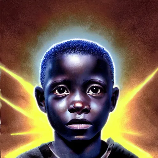 Prompt: upper half portrait of an african boy inside a group of clouds, mecha robots behind - surrounded by bolts of lightning with rays of light emanating from clouds - in drew struzan movie poster style, art by drew struzan, highly detailed, digital painting, ray tracing, illustration, smooth, sharp focus, intricate, symmetry, artstation,