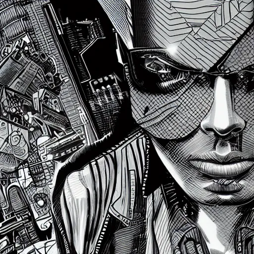 Prompt: detailed black and white illustration in the style of josan gonzalez of a close up of a suave young explorer wearing a cyberpunk headpiece, highly detailed, intricate details, 8k wallpaper