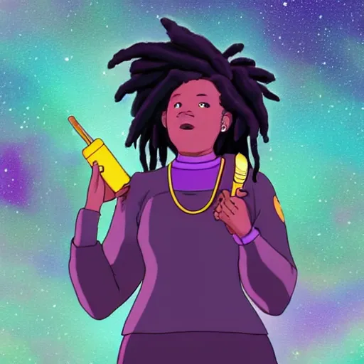 Image similar to black woman with purple dreads with a microphone in space in the style of ghibli