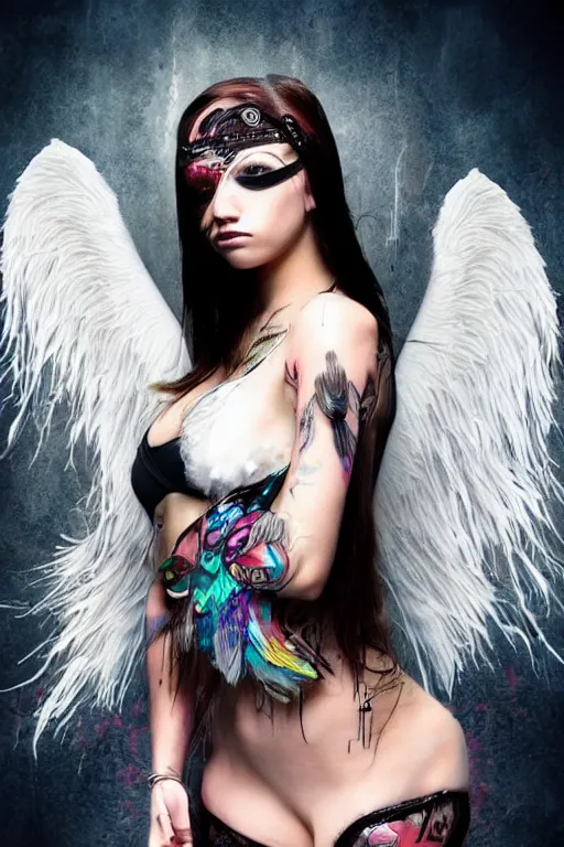 Prompt: angel punk girl hacker posing with a laptop, feathered angel wings, tattoos ; rebellion and fragility, stunning digital art, cyberpunk, realistic, science fiction, highly detailed, dramatic colorful lighting