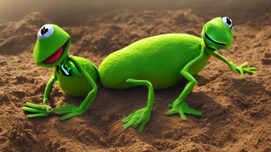 Prompt: A highly photographic render of Kermit the frog digging a grave, rim lighting, cinematic lighting, octane engine, photo realistic image, 4K, super detailed, cinematic look