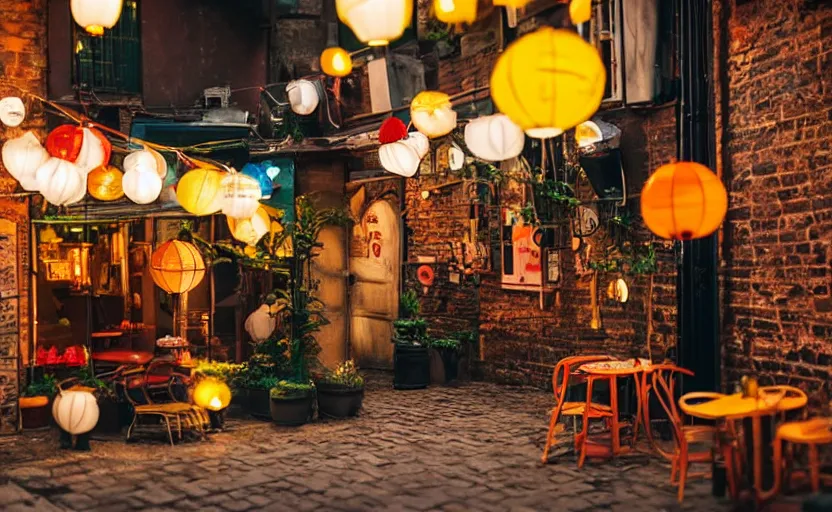 Image similar to mini cafe diorama macro photography, cafe for mice, alleyway, ambient, atmospheric photograph, british, colorful paper lanterns, romantic
