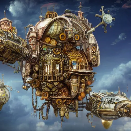 Image similar to flying city in a mechanical flower, detailed, sky, fantasy art, steampunk, masterpiece