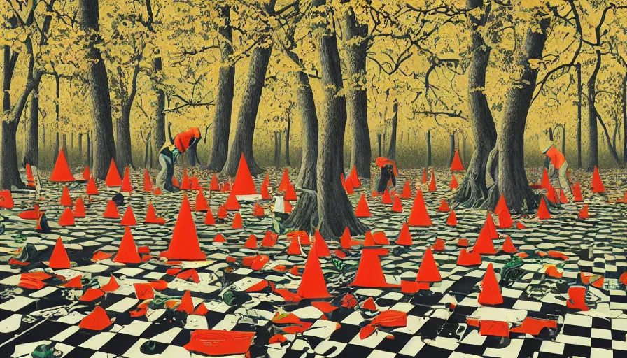 Image similar to safety cones scattered around an oak tree forest checker board forest floor, by james jean by ilya kuvshinov kintsugi, hyper detailed surrealist painting