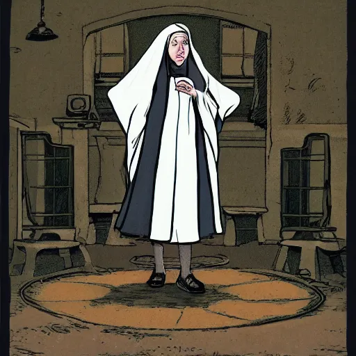 Image similar to nun at a asylum, by alan moore