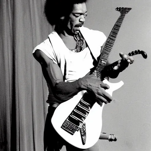 Prompt: jimi hendrix playing a lizard guitar, color photo, cinematic