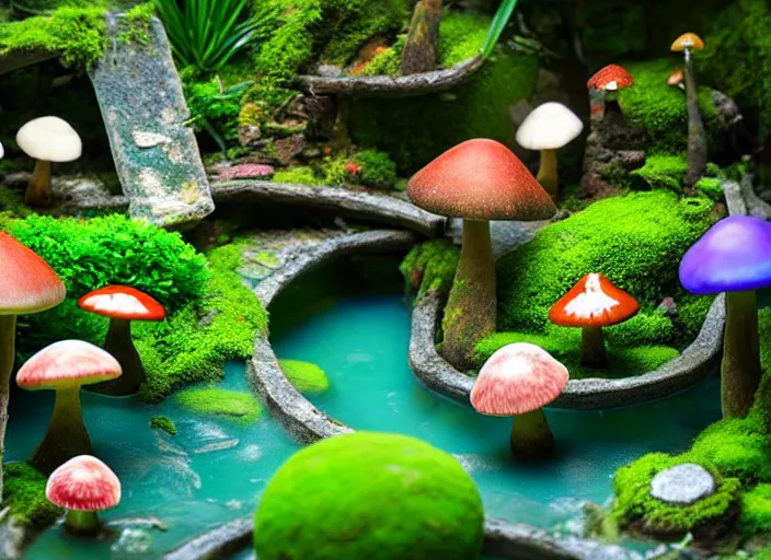 Prompt: low poly total of a porcelain garden las pozas, wide angle shot, soft focus, global illumination, radiant light, colorful aquatic plants, colorful mushrooms, puffballs, rhizomorphs, octane highly render, 4 k, ultra hd,