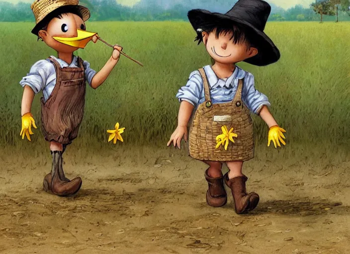 Prompt: a cute short scarecrow with a straw hat in overalls walking on a dirt road next to a large corn field, children's book by tom lovell, ross tran, terry redlin, jean baptiste monge