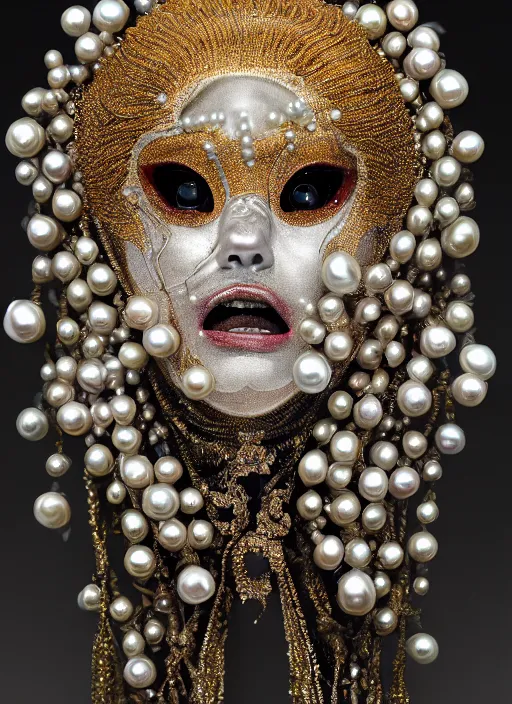 Image similar to hyperrealism, detailed textures, award winning autochrome photo, symetrical japanese pearl old screaming medusa queen autochrome pearl portrait, pearl silverplate, intricate, detailed facial pearl scary animal mask, pearl, golden jewelery, silverplate, ultra realistic, cinematic, intricate, cinematic light by steve mccurry, unreal engine 8 k