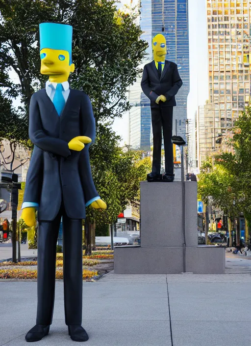 Prompt: bart simpson in business suit, statue standing on street