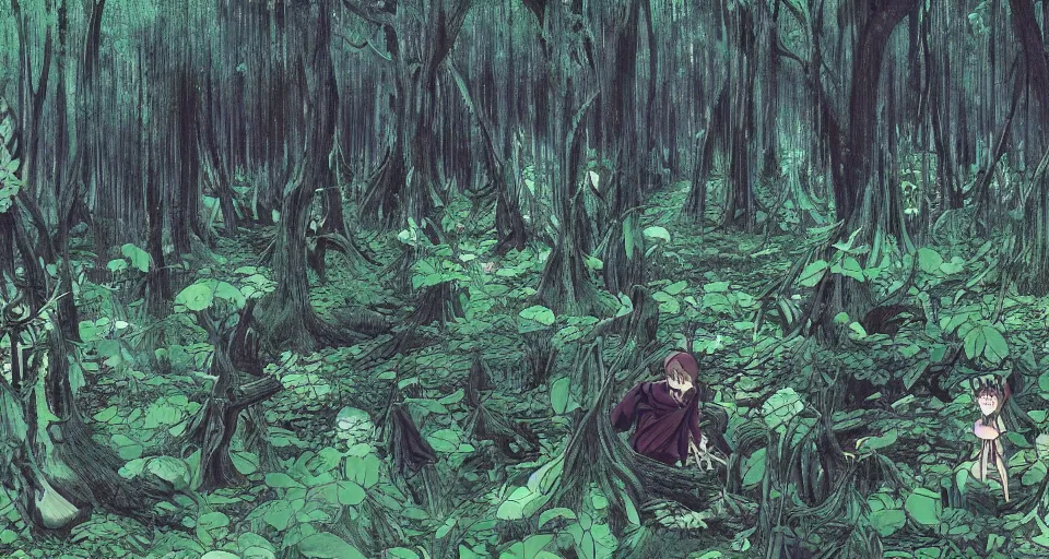 Image similar to A dense and dark enchanted forest with a swamp, by Hideaki anno