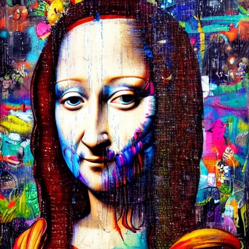 Image similar to monalisa in the style of david choe!!!!!!!!!!, oil on canvas, by david choe!!!!!!!!!!