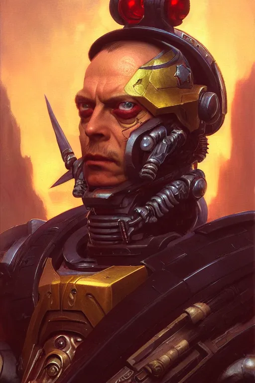 Image similar to character portrait cyberpunk starcraft terran warhammer 4 0 k space marine tech priest steve buscemi, character design, painting by gaston bussiere, katsuya terada, frank frazetta, tom of finland, trending on artstation