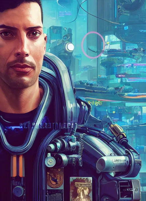 Image similar to portrait of a male submarine officer as a character in Cyberpunk 2077, looking at camera, long hair, intricate, elegant, sci-fi, extremely detailed, digital painting, artstation, concept art, smooth, sharp focus, illustration, ambient lighting, incredible art by artgerm and greg rutkowski and alphonse mucha and simon stalenhag