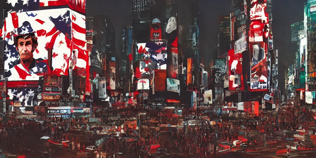 Prompt: the assassination of abraham lincoln in time square in propaganda billboards american flags burning cyberpunk digital art city neon 4 k british colonial soldiers hanging by the gallows