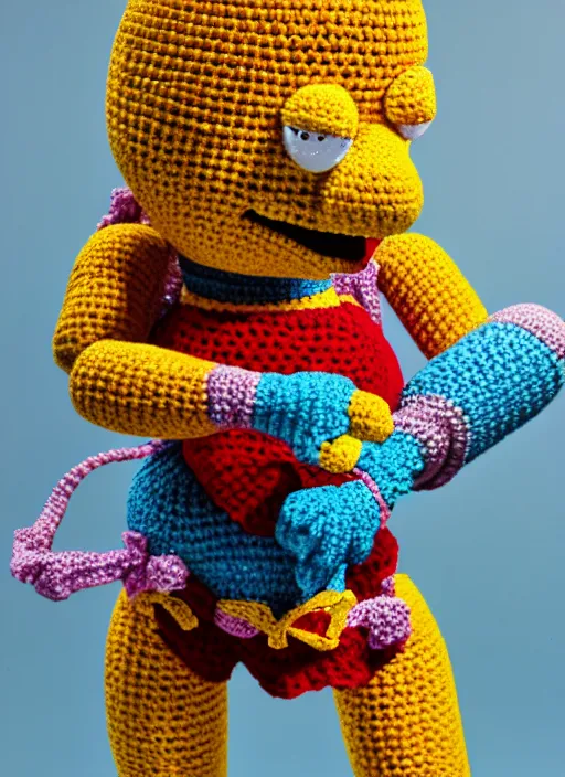 Image similar to a crochet Homer Simpson, realistic, no cropping, full body, Sigma 50 mm f/1.4