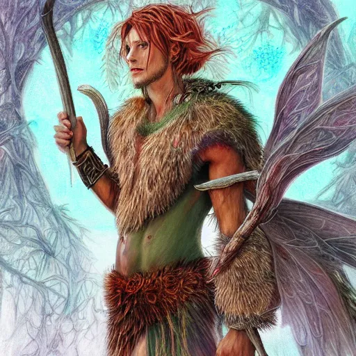 Image similar to hyper realistic color pencil drawing of a male fairy druid, D&D Art, detailed, rim light, diffused, intricate, axe, by anna dittmann