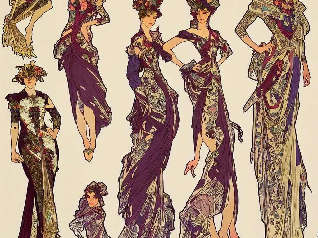 Image similar to 4 elegant full length spider horse dress designs with natural history prints designed by alphonso mucha