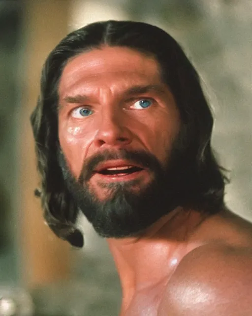 Image similar to film still close - up shot of vince mcmahon as jesus. photographic, photography