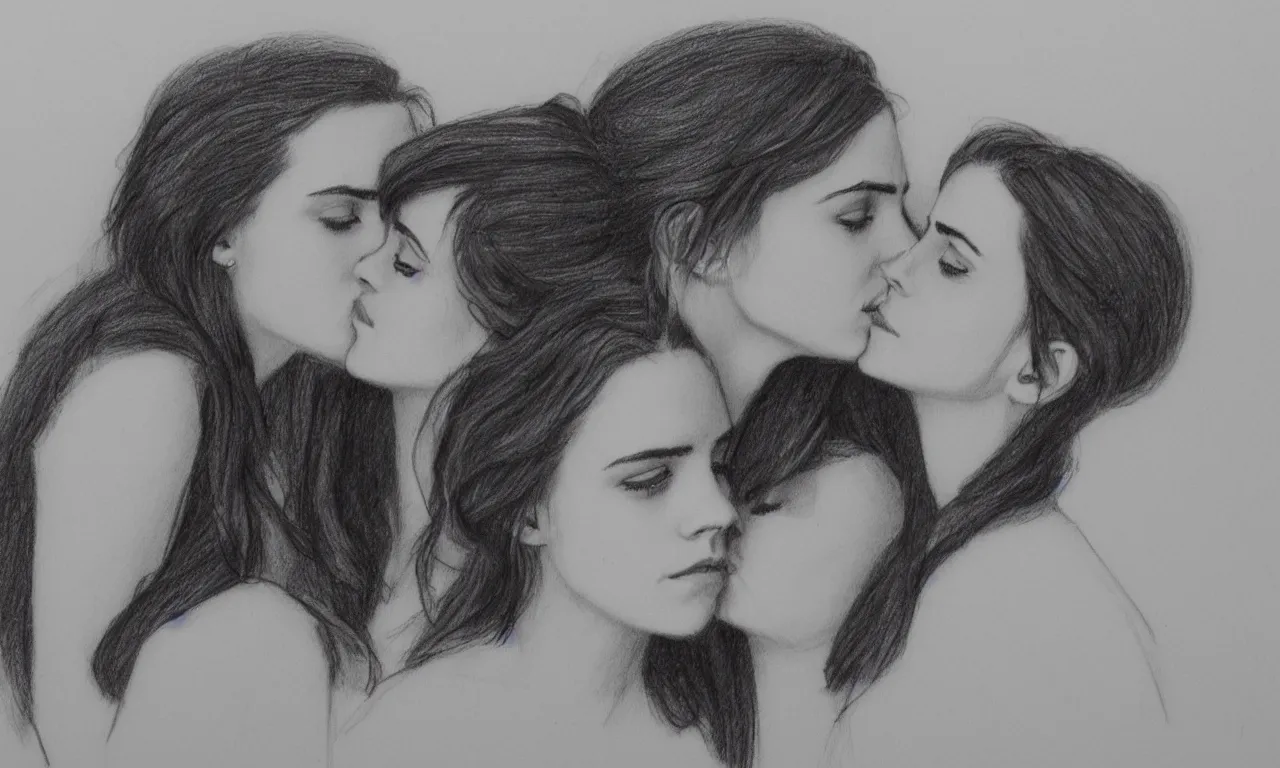 Image similar to emma watson kissing anne hathaway pencil sketch,