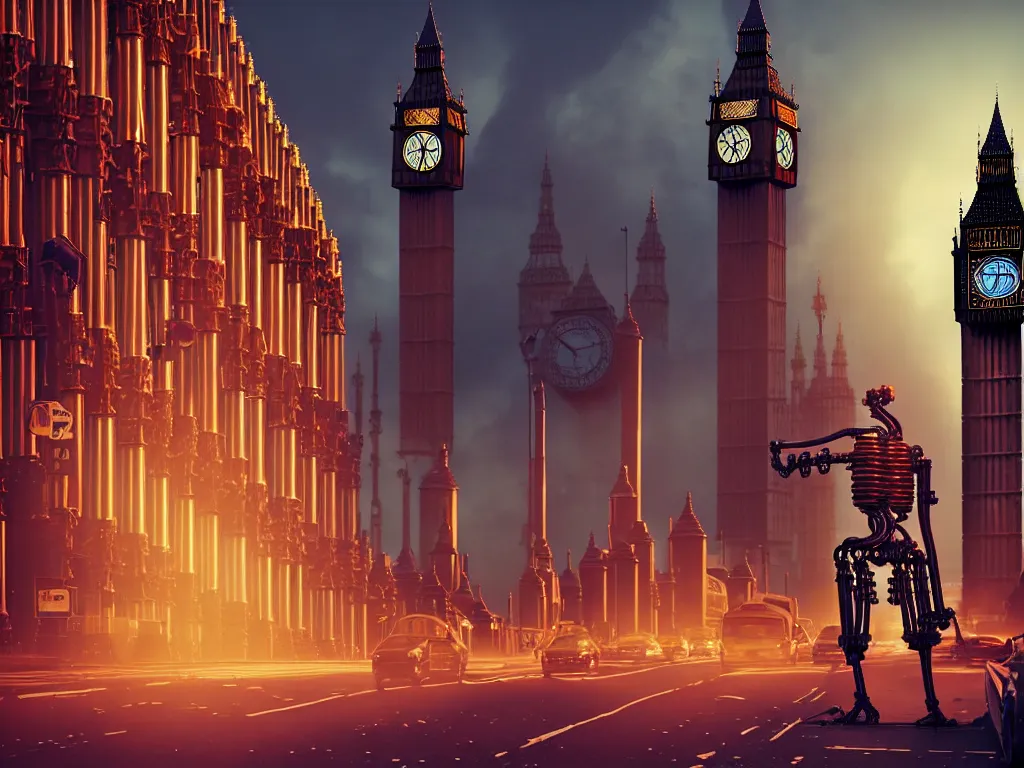 Image similar to a giant ancient beautiful cyborg of the elder gods with pipes and tubes in the city of London, an image of a beautiful cyborg, a beautiful cyborg, a cyborg, London streets with one bigben in the background, colourful, dramatic lighting, golden hour, very detailed octane render very realistic beautiful