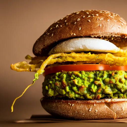 Image similar to vegan hamburger with guacamole topping and crispy fried onion topping and a fried egg topping, crispy buns, 8 k resolution, professional food photography, studio lighting, sharp focus, hyper - detailed