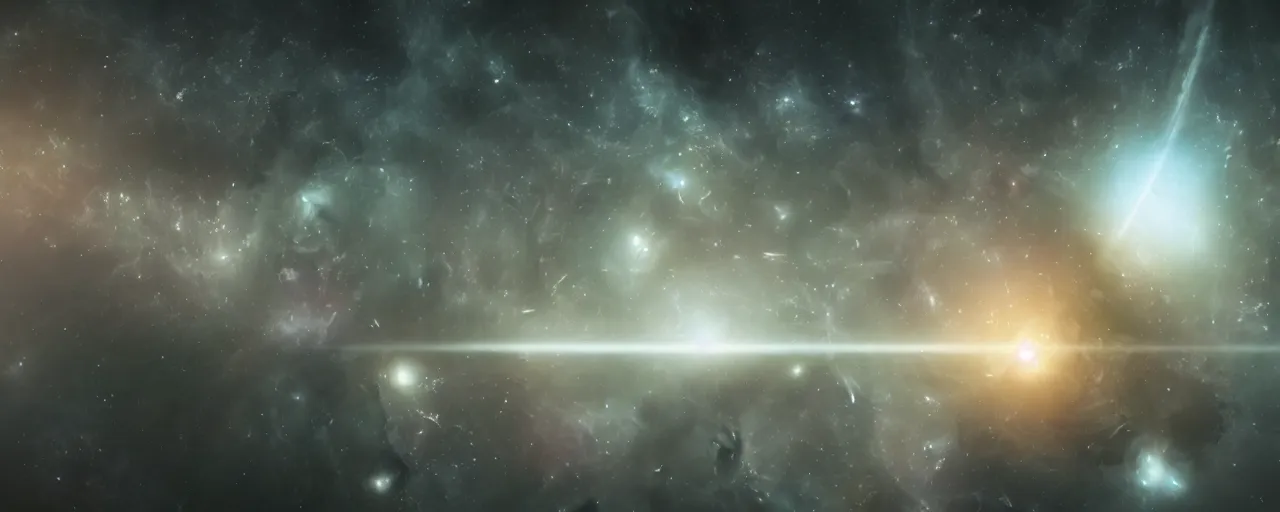 Image similar to movie still, thin horizontal nebula, a dark epic galaxy, space scene, dark scifi, unreal engine, octane render, detailed and intricate, global illumination, volumetric lighting, hubble telescope images, james webb telescope images, houdini fluid simulation, detailed and intricate environment